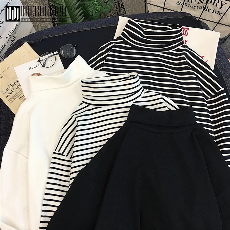 

Autumn Fashion Women Causal Solid Loose stripe Long Sleeve kitted Turtleneck T-Shirts Lady Girls Basic Tee T Shirts Tops