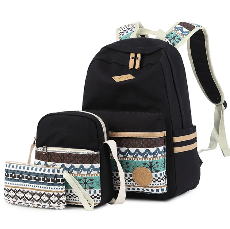 Для женщин 3 шт./компл. Школьный рюкзак книга сумки для студентов Для женщин Повседневное рюкзак для ноутбука модные школьные рюкзаки - Цвет: Black(snow)
