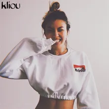 Kliou осенние женские модные белые короткие хлопковые толстовки с длинным рукавом и круглым вырезом с буквенным принтом женские топы для тренировок одежда