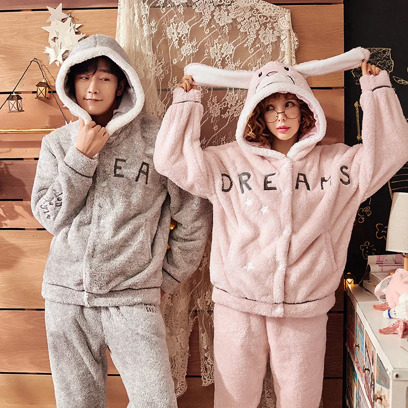 

Winter Warm Flannel Thicken Hooded Pajamas Coral Fleece Women's Pajama Sets Couple Pyjamas Men Sleepwear 3XL Fashion Homewear