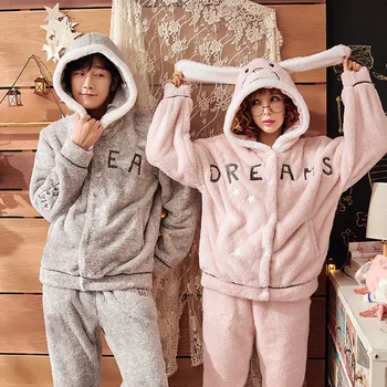 

Winter Warm Flannel Thicken Hooded Pajamas Coral Fleece Women's Pajama Sets Couple Pyjamas Men Sleepwear 3XL Fashion Homewear