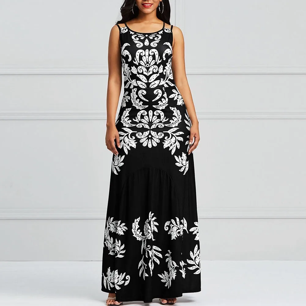 

Sexy Casual High Street Women Long Dresses Expansion Loose Pullover Floral Print Girls Party Fashion African Female Black Dress