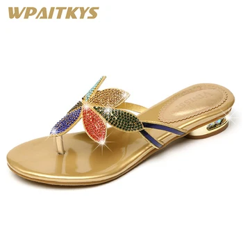 

Fashion Elegant Golden Black Two Colors Available Rhinestone Women's Low Heel Sandals Crystal Leather Casual Shoes Women Wedding