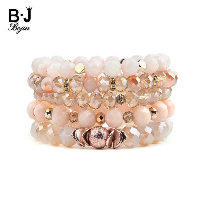 

BOJIU 5 Pcs/Set Multilayer Women Bracelets Jewelry Elastic Faceted Crystal Beads Gold-color Rondelle Bracelets Femme BCSET259