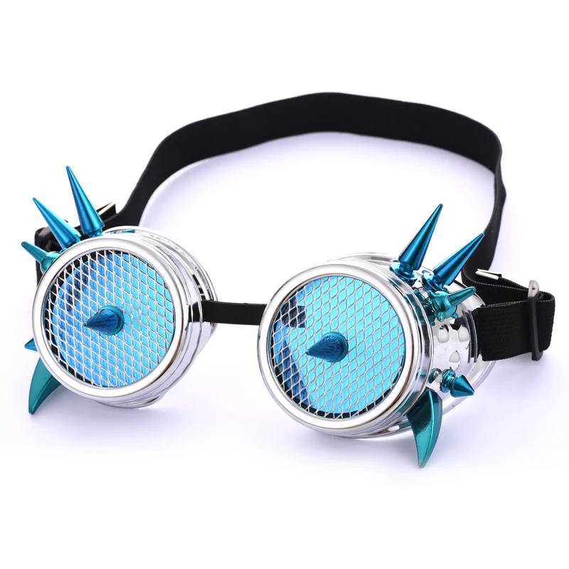 

Blue Glass Round Mesh Goggles Steampunk Rivet Glasses Retro Punk Spikes Goggle Welding Punk Gothic Cosplay Party Halloween