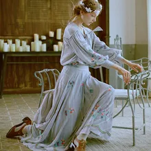 LYNETTE’S CHINOISERIE Light dark gray stripe fresh embroidery small anthocaulus ultralarge spring and autumn skirt