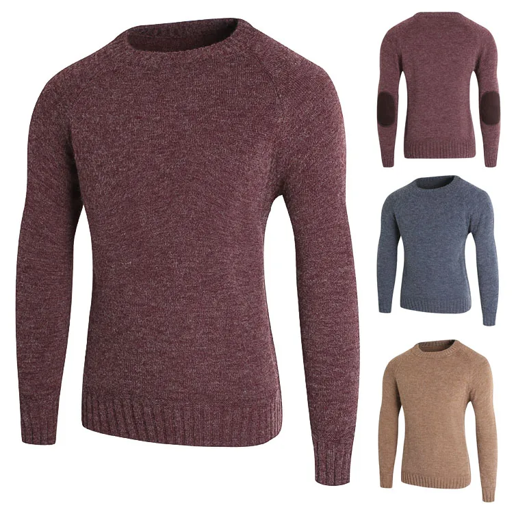 Sweater Men Autumn Winter Men's Pullover Round Collar Solid Color Sweater Patch Patch Warm Sweater