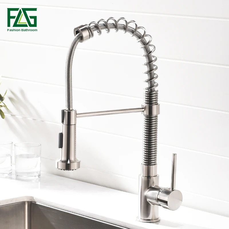 

FLG Kitchen Faucets Brushed Nickel Faucets for Kitchen Sink Single Pull Out Spring Spout Mixers Tap Hot Cold Water Tap Crane 924