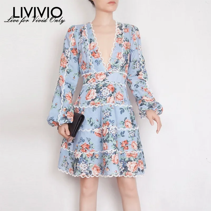 

[LIVIVIO] Floral Print Hollow Out Women Midi Dress V Neck Long Lantern Sleeve Female Casual Fashion 2019 Autumn Vacation Dresses