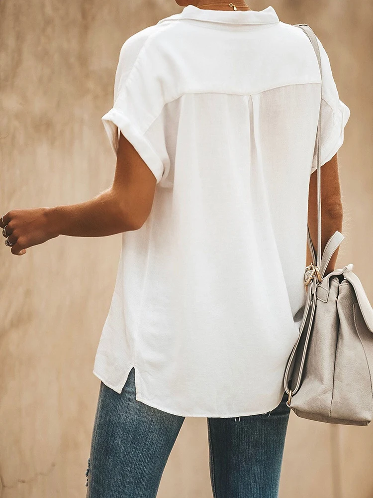 Хлопковая и льняная однобортная женская рубашка с карманами летняя футболка с коротким рукавом и отложным воротником повседневные офисные женские топы