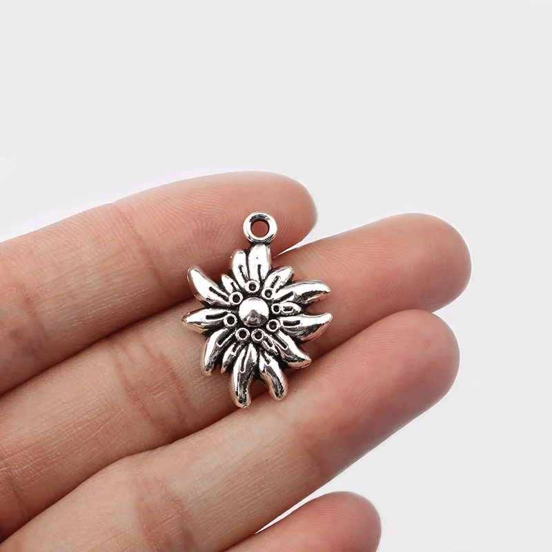 

20pcs Antique Silver Embossed Edelweiss Flower Charm Pendant Necklace Jewelry Findings For DIY Handmade