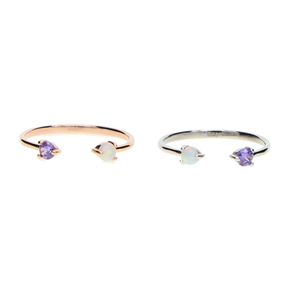 

100% 925 sterling silver open adjust women girl purple cz white opal Gem DELICATE minimal girl women silver finger ring dainty