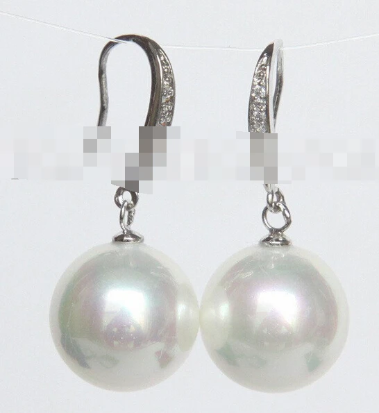 

hot sell new - shitou 00216 Dangle 14mm round white south sea shell pearl Earrings 925 silver