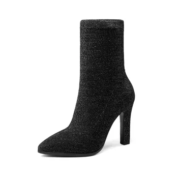 

Fashion women's shoes in winter 2019 pointed toe chunky heels slip-on sexy elegant ladies boots concise mature office lady blue