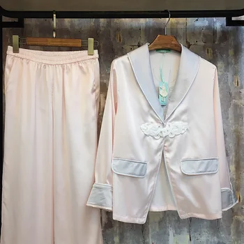 

Women's Pajamas Set Satin Silk Shirts And Pants 2Pcs Pyjamas Girls Cute Nightie Sleepwear Contrast Color Casual Home Pj Set