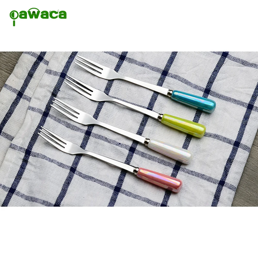 4pc/set Pearl Glaze Ceramic Handle Stainless Steel Dessert Forks