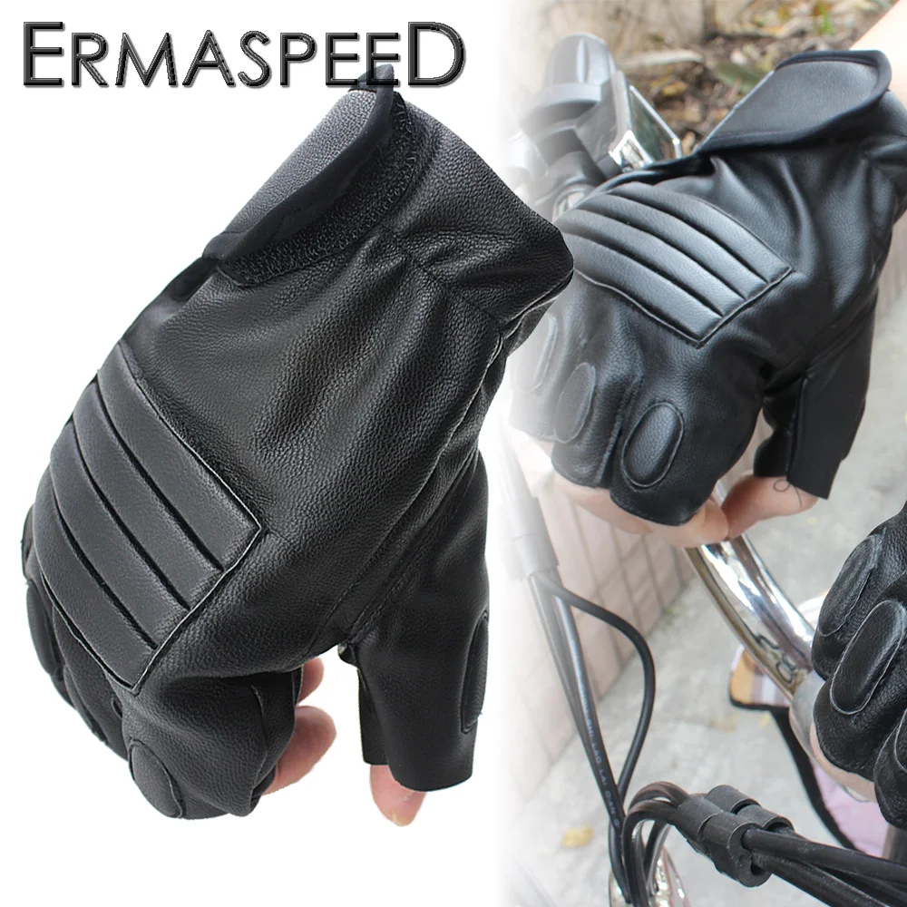 

Pair Motorcycle Gloves PU Leather Half Finger Fingerless Retro Summer Spring Riding Hand Protect Racing Glove Black for Harley