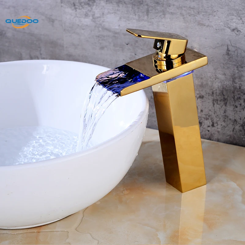 3 Color Change LED Solid Single Lever Handle Deck Waterfall Spout Bathroom Basin Sink Copper Finished Mixer Faucet Taps | Обустройство