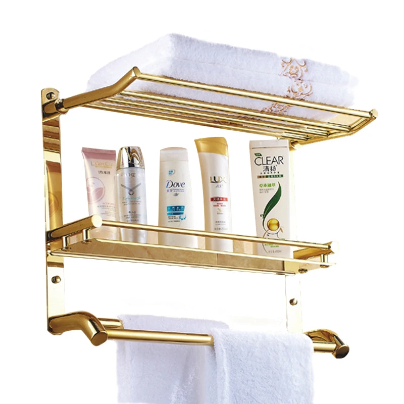 

gold plating shelf stainless steel shelf with towel rack three layer shelf sanitary ware pendant bathroom accessories set