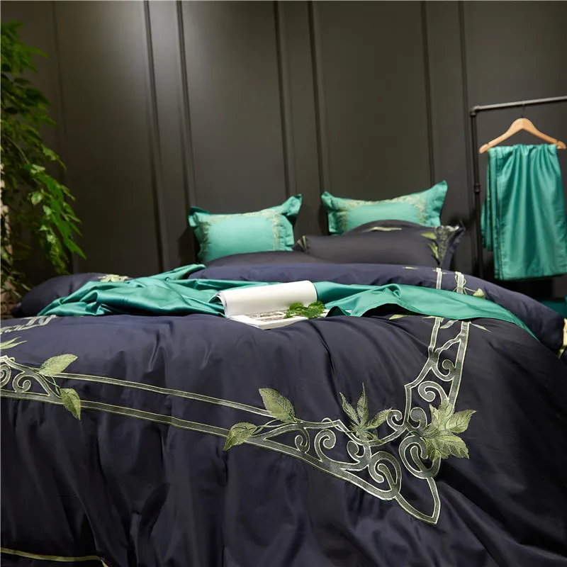Waliicorners Egyptian cotton Bedding Set leaf Embroidery Bed Linens Bed Sheet Set black white Bedclothes Queen/King Size Bed cover 4/6pcs 16 DSC_7140