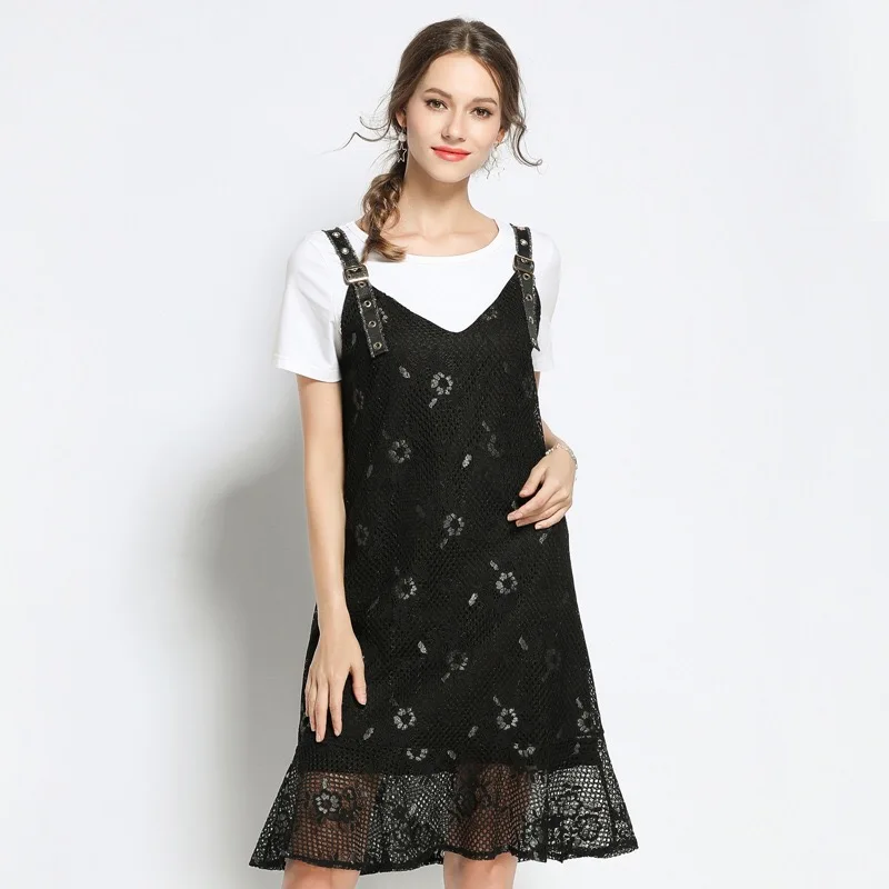 

2018 Elegant Black Lace Dress Sundress Loose Maternity Clothes Casual Pregnancy Dress Two Pieces Floral Ruffles Plus Size M-5XL