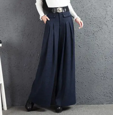 Шерстяные брюки женские осенние модные шерстяные брюки с высокой талией с поясом женские зимние толстые широкие брюки размера плюс S-3XL A3948 - Цвет: navy blue