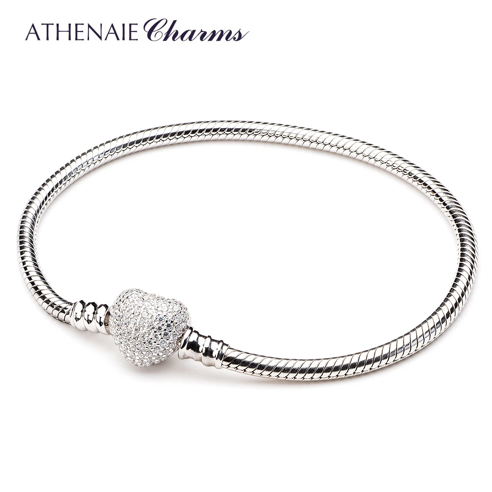 ATHENAIE 925 Sterling Silver Snake Chain With Pave Clear CZ Heart Clasp Bracelet Fit All European Charm Beads Christmas Jewelry
