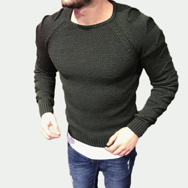 Fashion Winter Autumn Sweater Men Pullover Slim Fit Solid Color Knitted Hole Long Sleeve Jumper Male Elastic Basic Tops | Мужская одежда