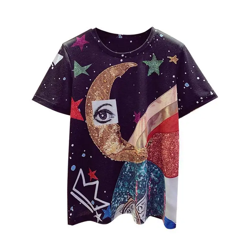 تي شيرت المرأة الصيف أزياء جولة طوق الطباعة بأكمام قصيرة مائة مجموعات س الرقبة شخصية الراحة اللون مطابقة المحملات تي شيرت المرأة الصيف أزياء جولة طوق الطباعة بأكمام قصيرة مائة مجموعات س الرقبة شخصية الراحة اللون مطابقة المحملات