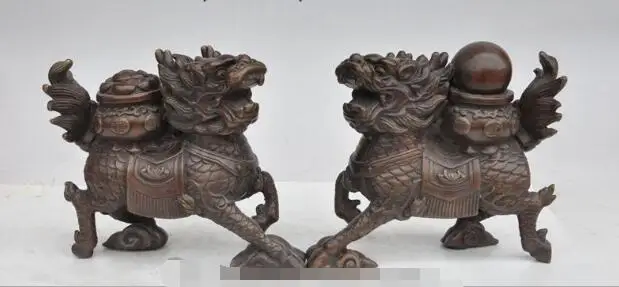

S01345 5"china fengshui bronze exil spirits lucky Kirin Unicorn Kylin beast statue pair B0403