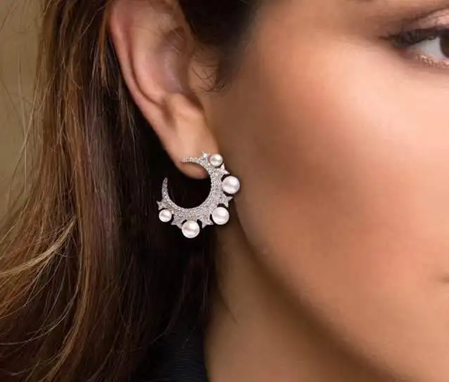 

Famous Big C moon stars real pearl earrings Monaco Design full crystal AAA micro zircon pure solid 925 sterling silver earrings