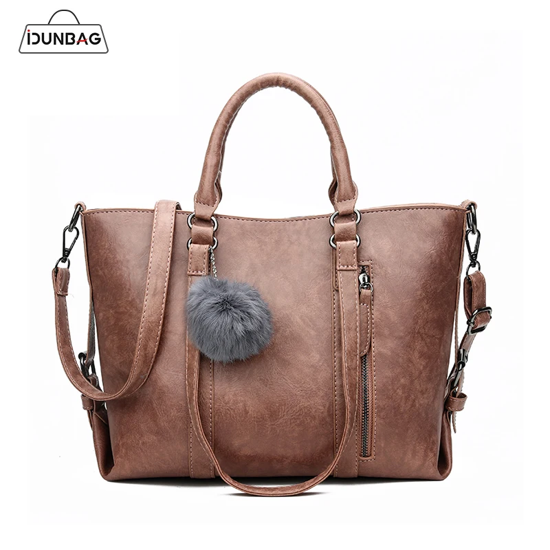 

Fur Ball High Quality PU Leather ladies Handbags Womens Designer Bags Tote Shoulder Bags Large Capacity Top-handle Bag Retro Sac