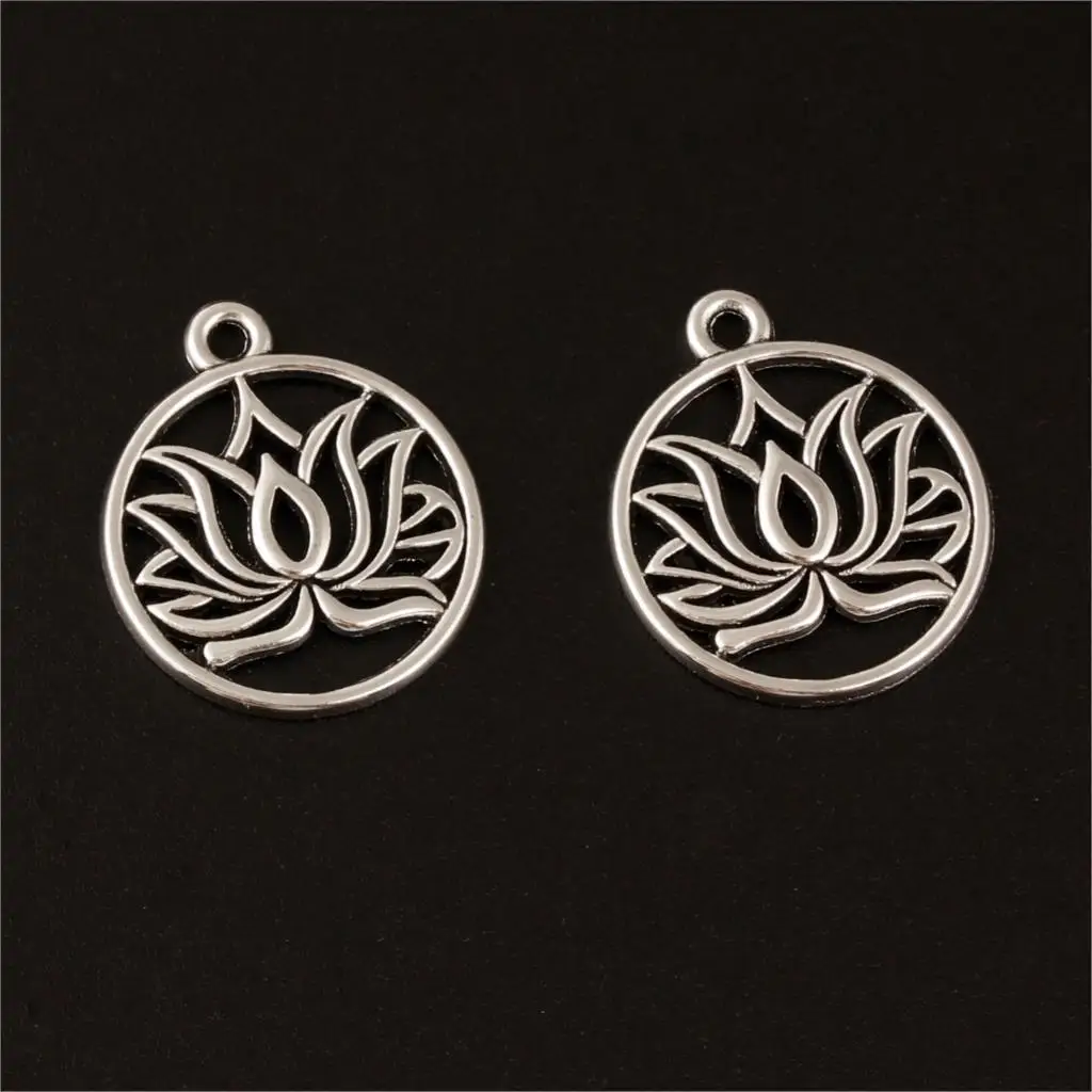 

20pcs Antique Silver Round Hollow Lotus Flower Charms For Woman Necklaces Bracelet Pendant Making Wholesale 22X19mm A534