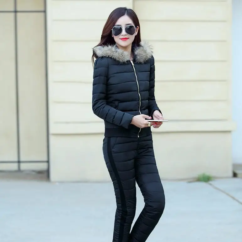Модный зимний женский теплый комплект, куртка с капюшоном, пальто+ штаны, спортивный костюм, комплект из двух предметов, женский пуховик, хлопковая куртка, костюм p1302