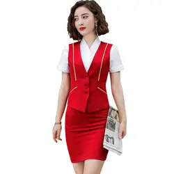 Новинка красный официальный стиль Униформа бизнес костюмы с 2 шт. наборы для ухода за кожей Топы корректирующие и юбка женская майка пальто