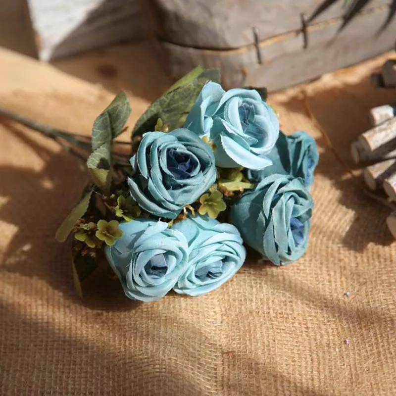 Artificial Silk 6 Bunch Floral Bouquet Rose Fake Flowers with Leaf Arrange Table Daisy Wedding Home Decor Party Accessory Flores