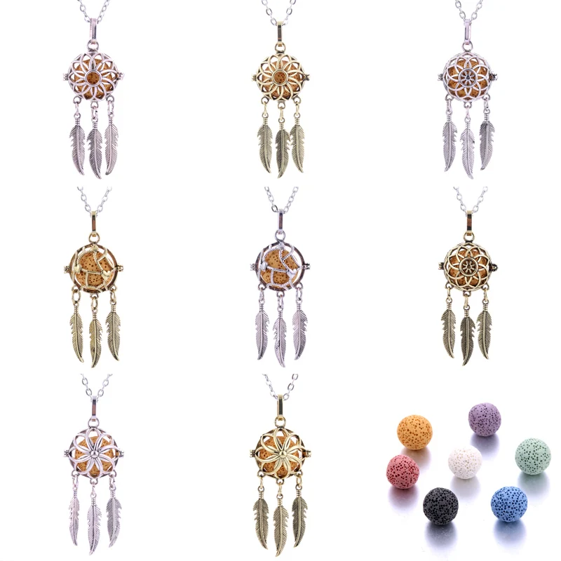 

8 styles Dreamcatcher Aromatherapy Necklace Perfume Diffuser Hollow Pendant Essential Oil Necklace jewelry Send volcanic stone