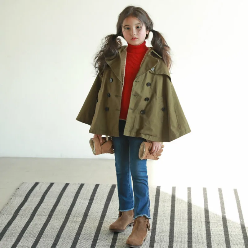 New 2017 Baby Girls Cloak Children Double Breasted Coat Toddler Winter Coat Kids Thicken Cape Army Green,3-14Y,#2326 army green double breasted coat with pockets