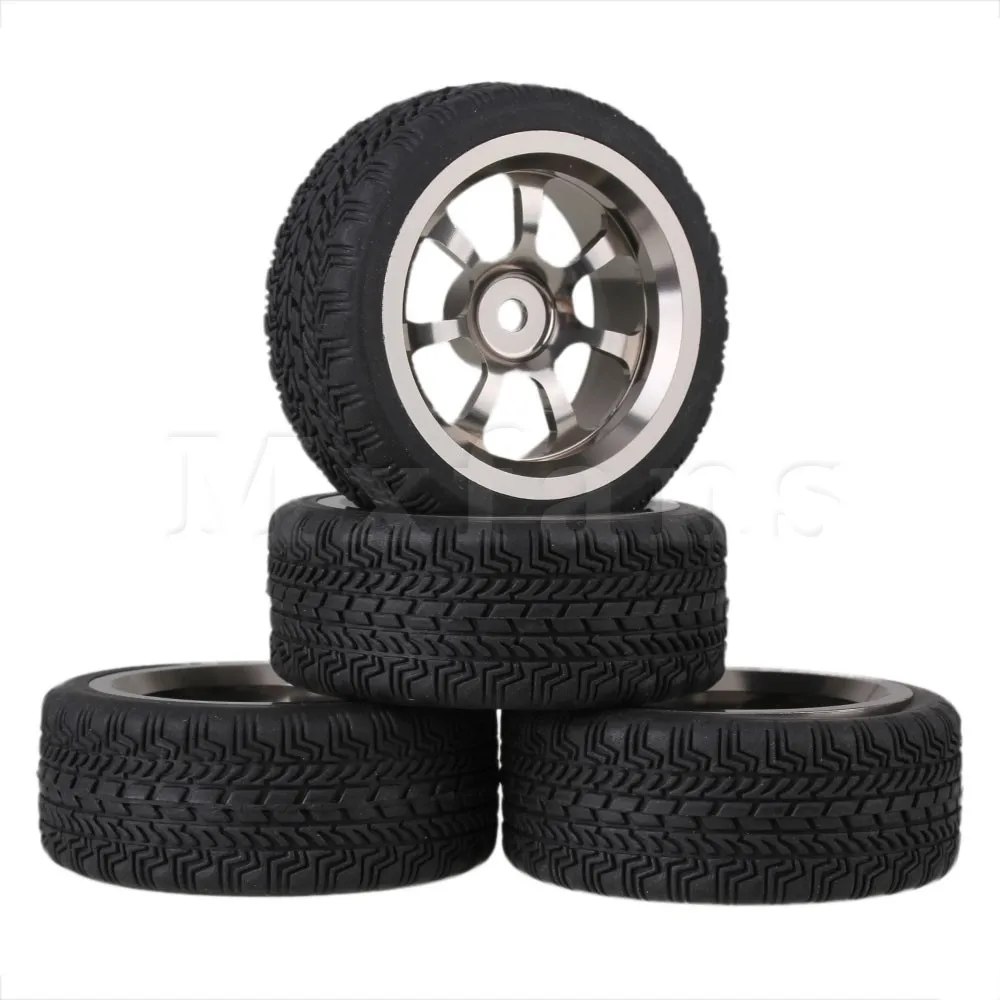 

Mxfans 4 x High Grip Rubber Tyre & Grey Alloy 7-Spoke Wheel Rim for RC 1:10 On Road Car