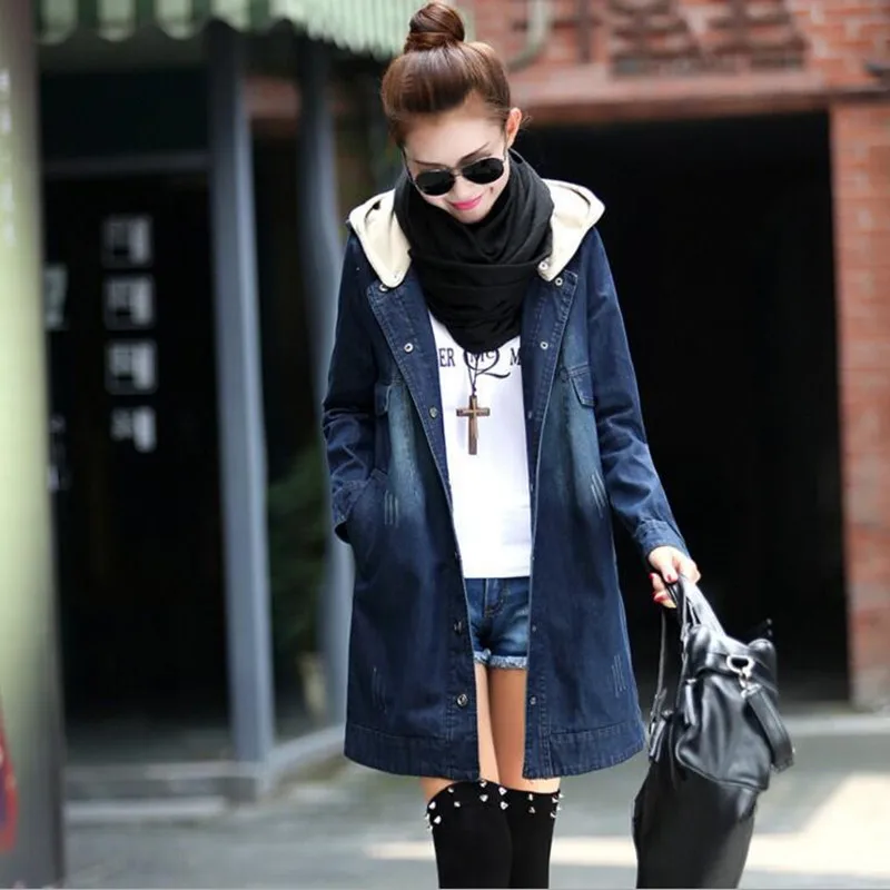 Femmes Capuche Coupe Veste Denim Bleu vent Manches À Taille Casual Manteau Grande Longues Printemps Automne Lâche Pqw7wRt
