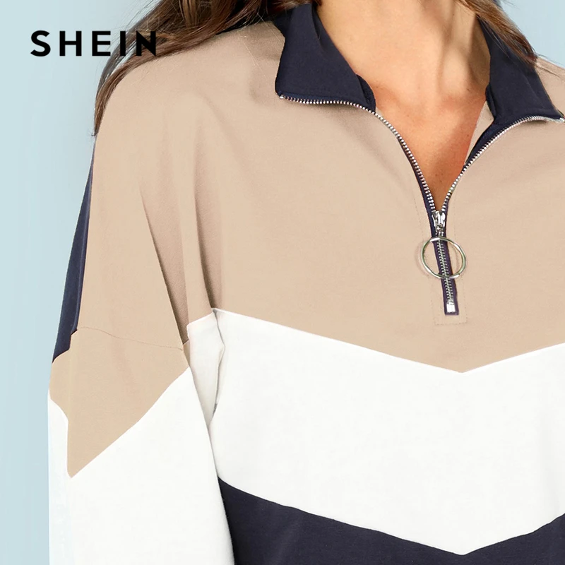  SHEIN Multicolor O-Ring Zip Front Cut and Sew Pullover Women Casual Long Sleeve Sweatshirt Women Au