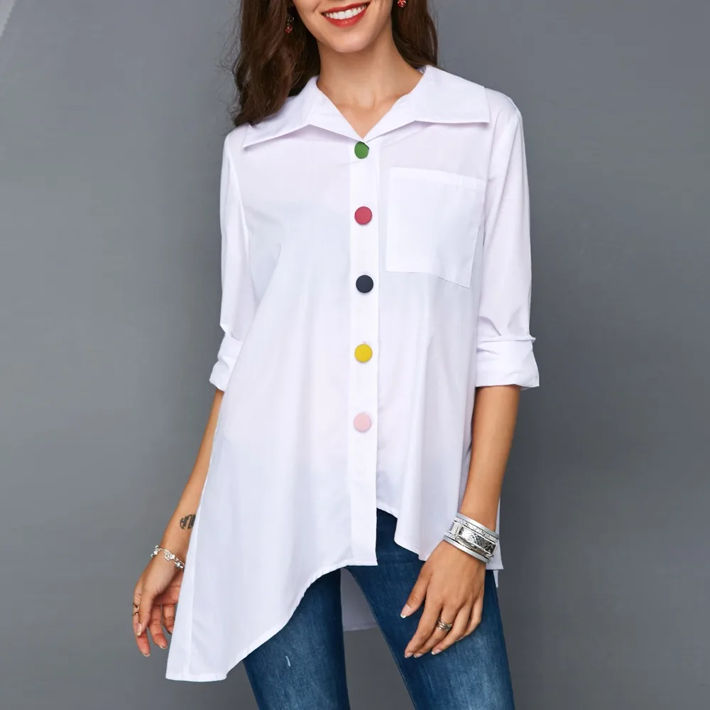 

Women's Long Sleeve Autumn Spring Blouse Loose Shirt Colorful Button Turn Down Neck Hem Irregular Solid Blouse Plus Size 4XL 5XL