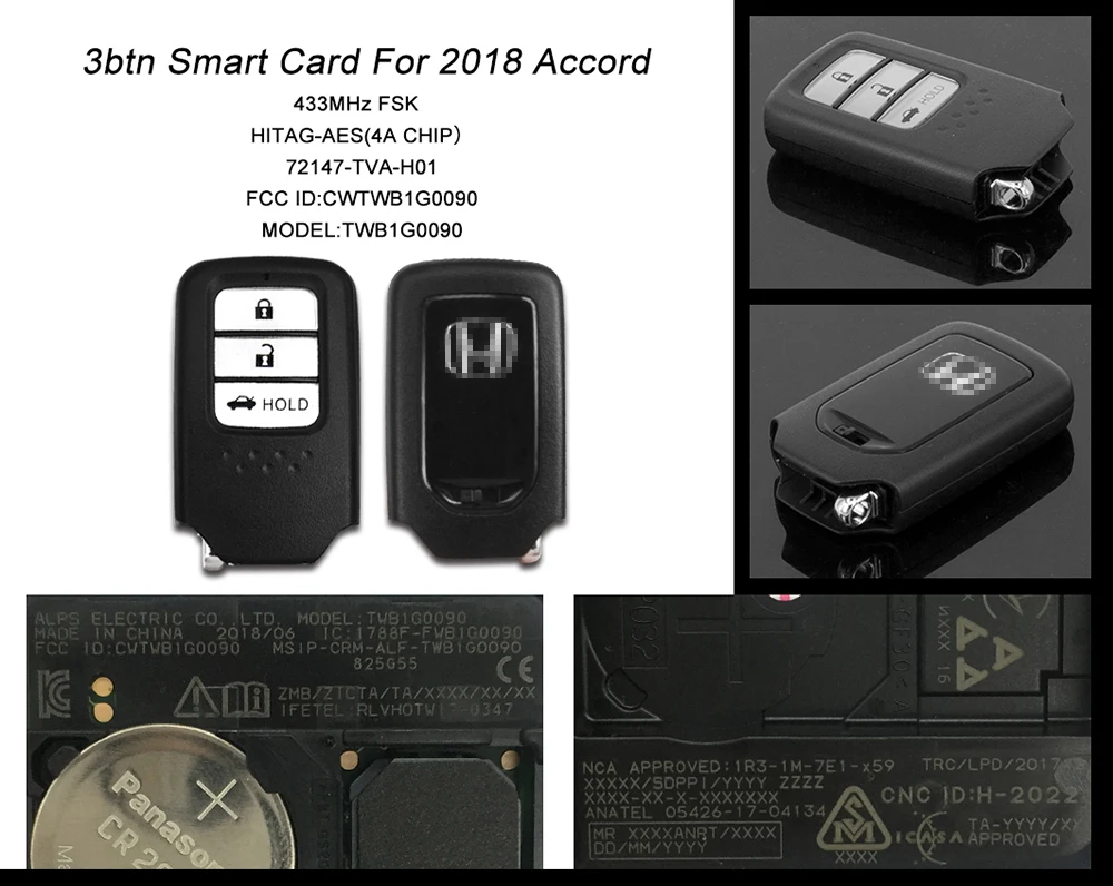 3 Buttons OEM 433MHz Smart Card Automotive Remote Key Car Key & Emergency Key Blade For 2018 Honda Accord CWTWB1G0090 (4)