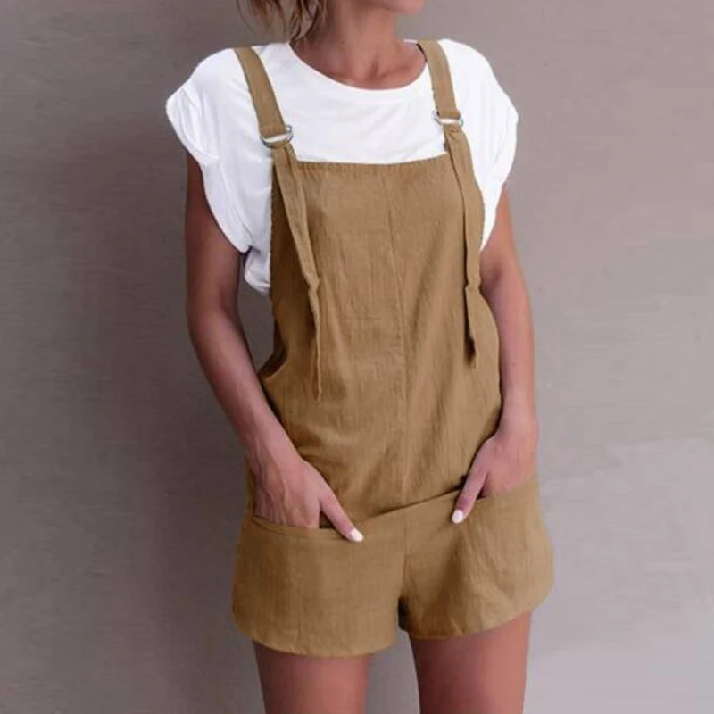 Womens Rompers Jumpsuit Summer Sexy Strap Overalls Casual Pockets Loose Sleeveless Backless Short Playsuits
