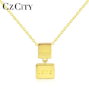 

CZCITY Solid Pure 14k Gold Letter Love Double Square Pendant Necklaces for Women Yellow Gold Jewelry Au 585 Colar N14068