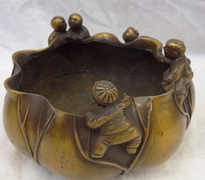 

JP S0608 9" Chinese Bronze Buddhism 5 Kid Child On Lotus Leaf Statue Bowl Incense Burner Discount 35%