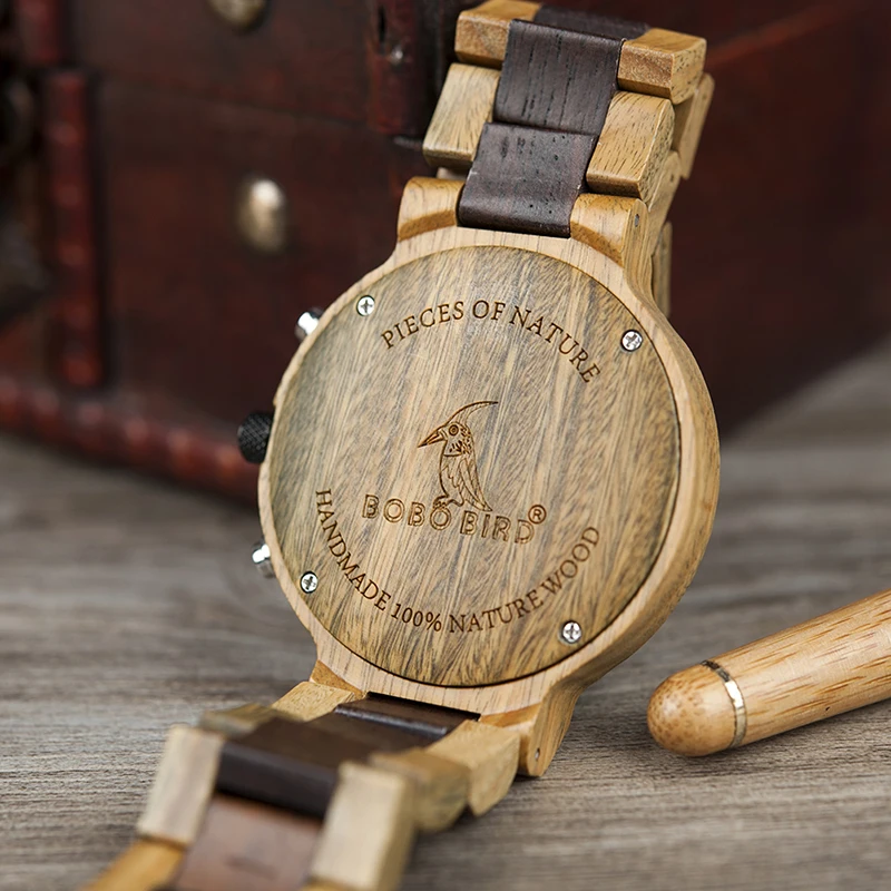 Week Display BOBO BIRD Men Watch Top Stylish Wood Chronograph Timepieces Quartz Watches relogio masculino In Wood Gift Box L-R21