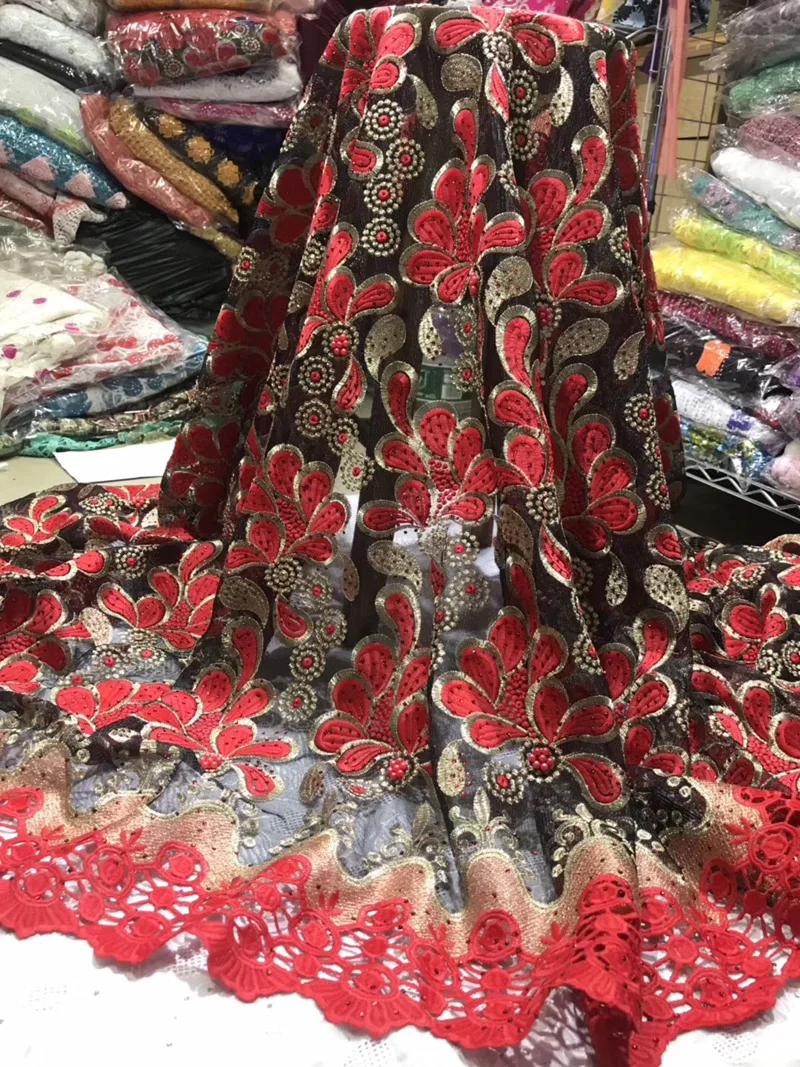 

Free shiping (5yards/pc) high quality black red French net lace fabric embroidered African tulle lace with beads stones FLV75