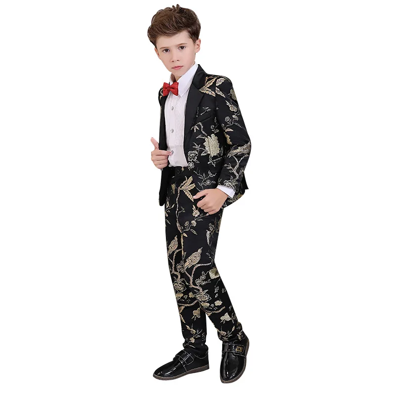 Нарядный костюм с цветочным узором для мальчиков на свадьбу Детский костюм для выступлений на выпускной детский смокинг+ штаны, одежда с галстуком-бабочкой