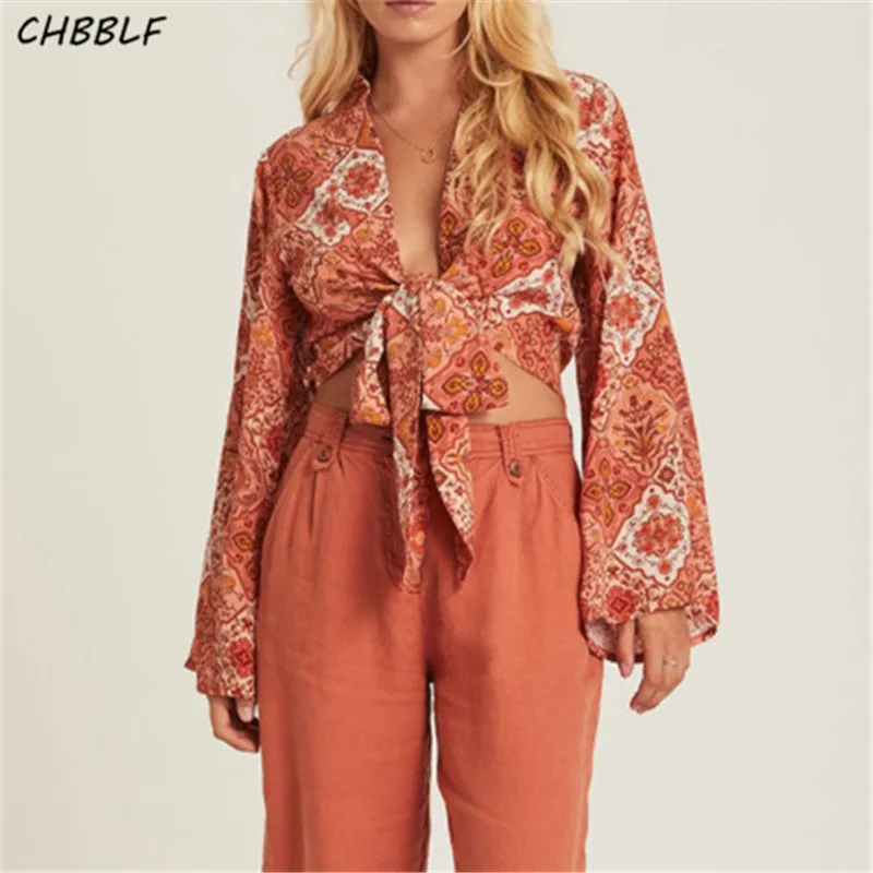 

CHBBLF women vintage print blouse bow tie long sleeve sweet shirts casual female spring blusas tops DFJ8355